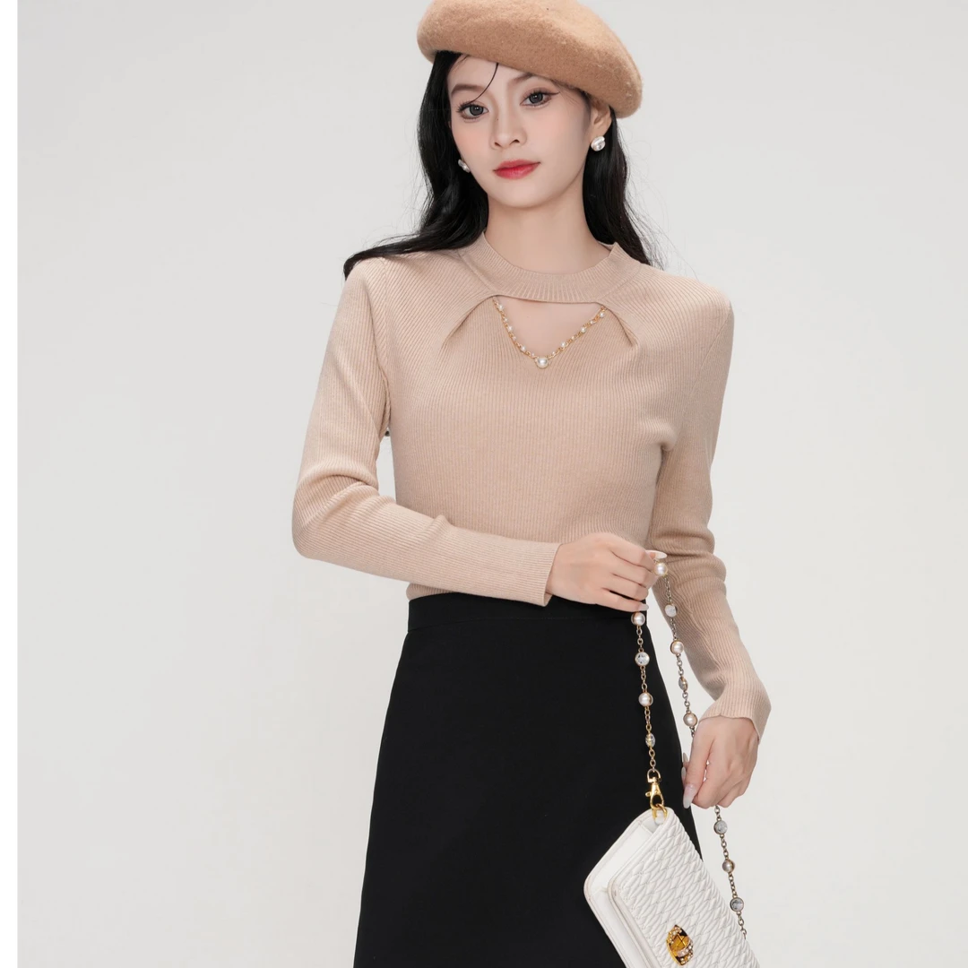 女装打底衫羊毛衫圆领钉珠长袖羊毛混纺针织衫