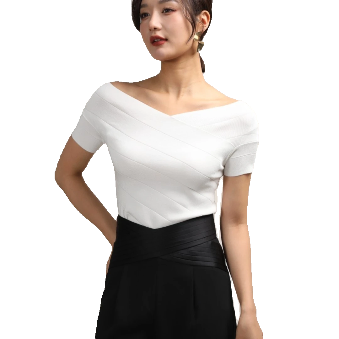 双V领针织斜纹短袖女士夏季修身白色黑色百搭气质打底衫短款上衣
