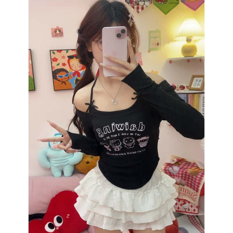 字母KT-长袖挂脖式磨毛保暖打底假两件长款修身上衣显瘦内搭收腰