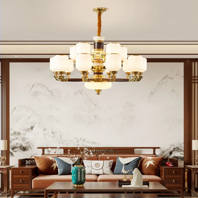 新中式吊灯铜加木的客厅挑空客厅旋转楼梯中国风现代复式楼大吊灯