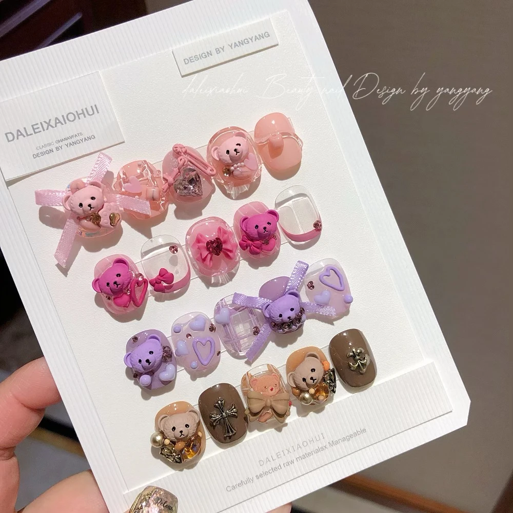 格纹蝴蝶结美甲饰品立体网红微闪高光格子蝴蝶结花边方格饰品小熊