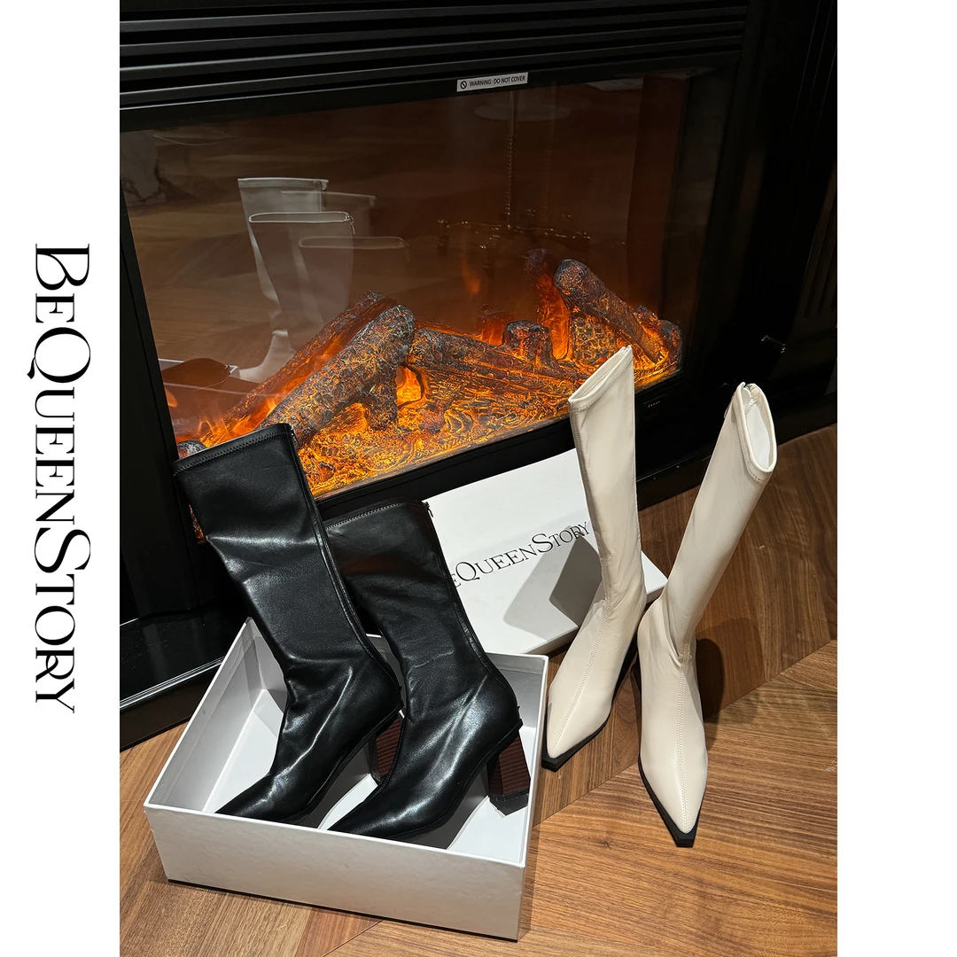 余潇潇 进口PU皮丝绸羊皮垫时尚百搭高跟长筒尖头靴子