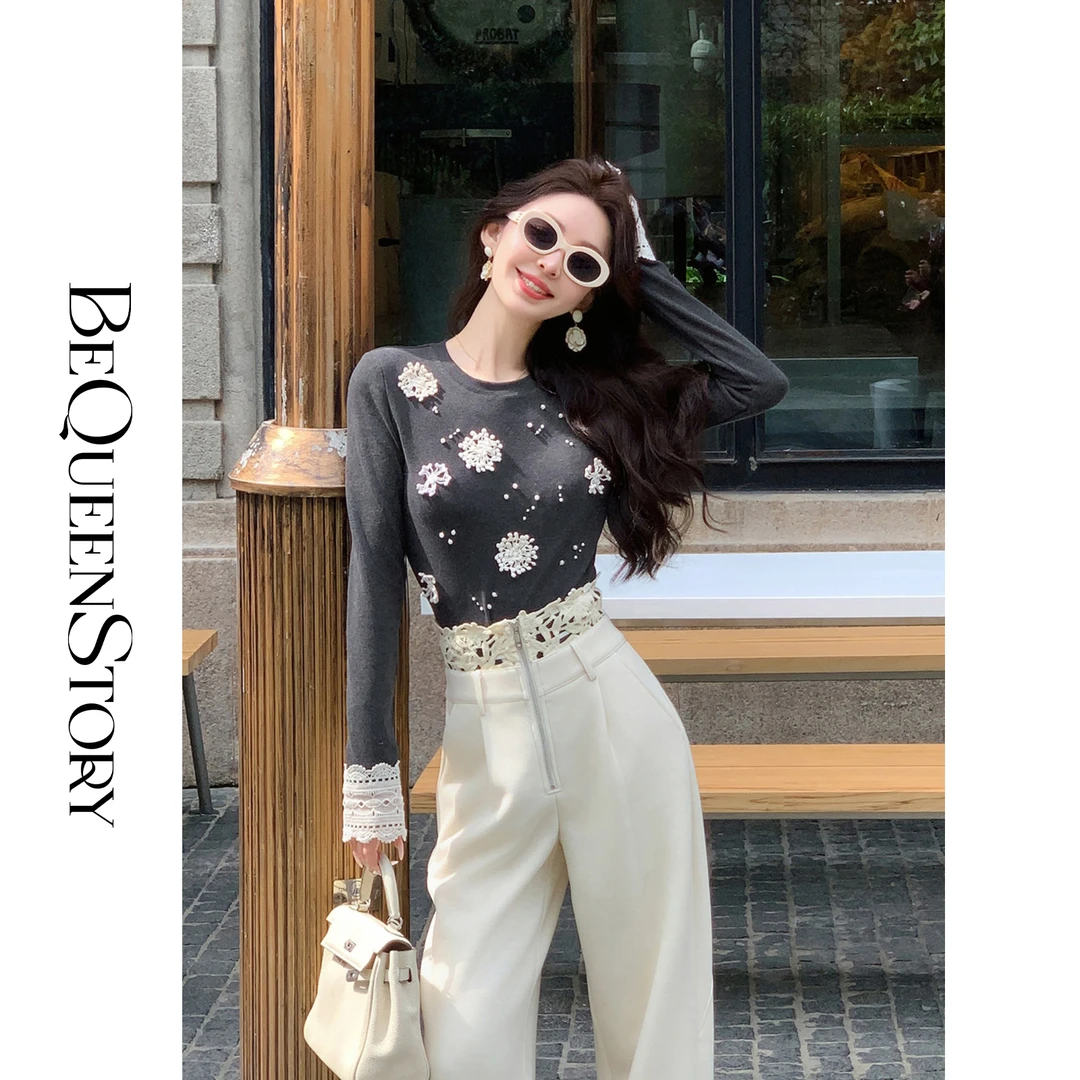 余潇潇【雪夜精灵】气质时尚立体花朵印花拼接蕾丝袖口长袖打底衫女