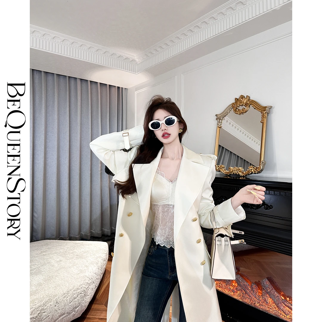 余潇潇【红酒女人心】随性大气有光泽经典纽扣肩章长款风衣