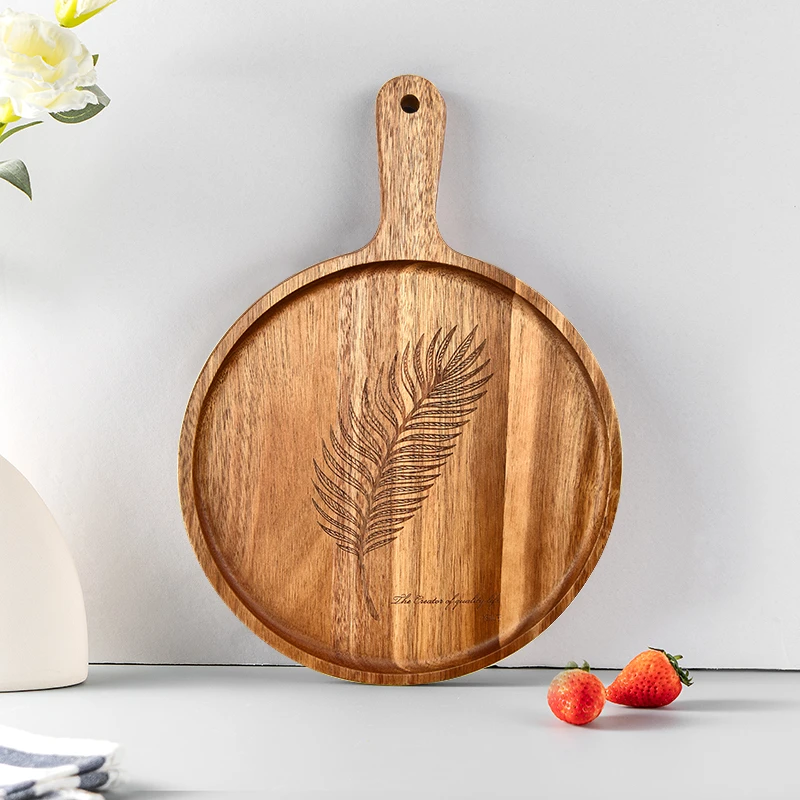 BILL.F激光树叶图案相思木带手柄圆形托盘料理板披萨盘