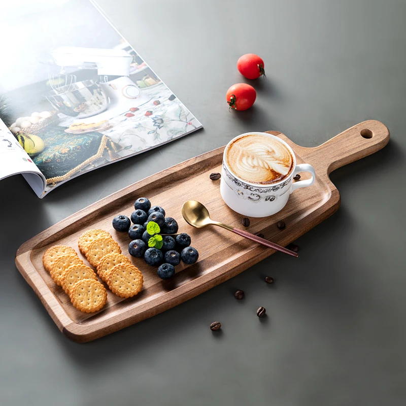 Bill.F大号相思木方形带手柄托盘板水果点心盘茶水盘