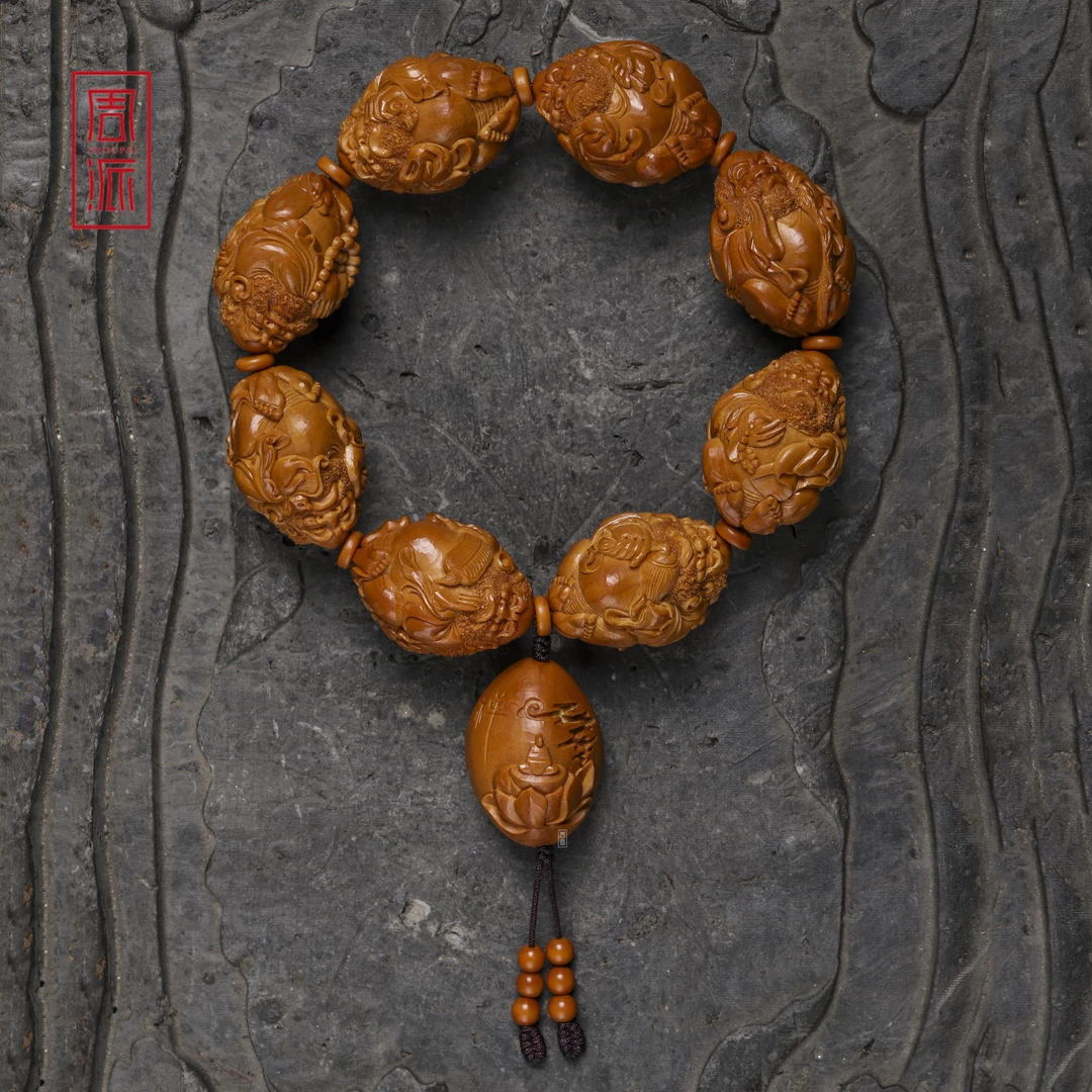 周派春毅核坊骑兽达摩橄榄核手串苏工纯手工核雕文玩男女款手链