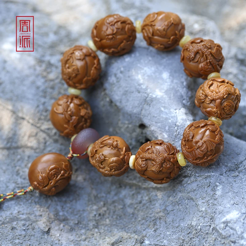 周派周春毅 事事如意橄榄核手串文玩收藏品苏工本工纯手工雕刻