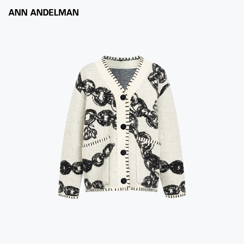 ANN ANDELMAN  时尚设计宽松锁链图案休闲百搭毛衣开衫