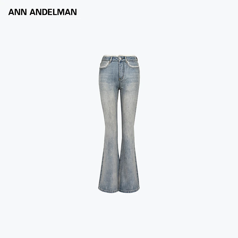 ANN ANDELMAN25秋冬 蓝色高腰休闲修身蕾丝边牛仔喇叭裤