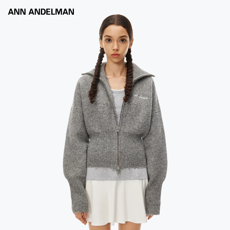 ANN ANDELMAN 25秋冬 时尚设计经典灰色百搭收腰开胸拉链毛衣