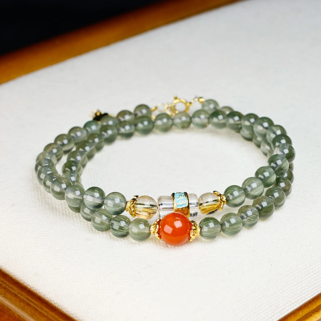 晶匠天然绿发晶双圈手串 编号-Z20473 专享