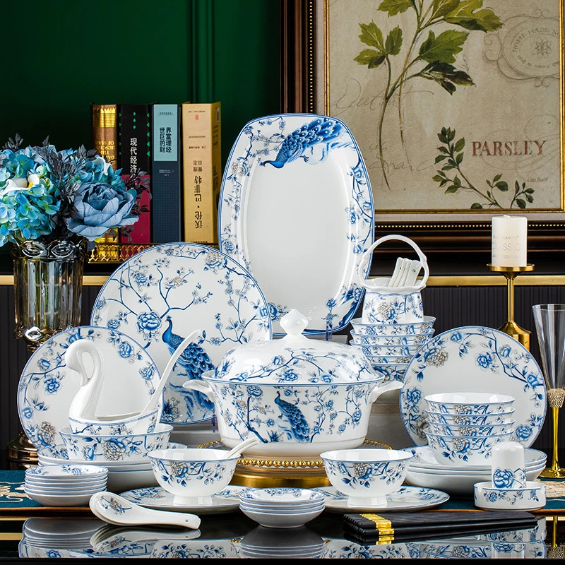 福满多陶瓷60件套高档骨瓷餐具套装景德镇家用乔迁送礼碗碟套装