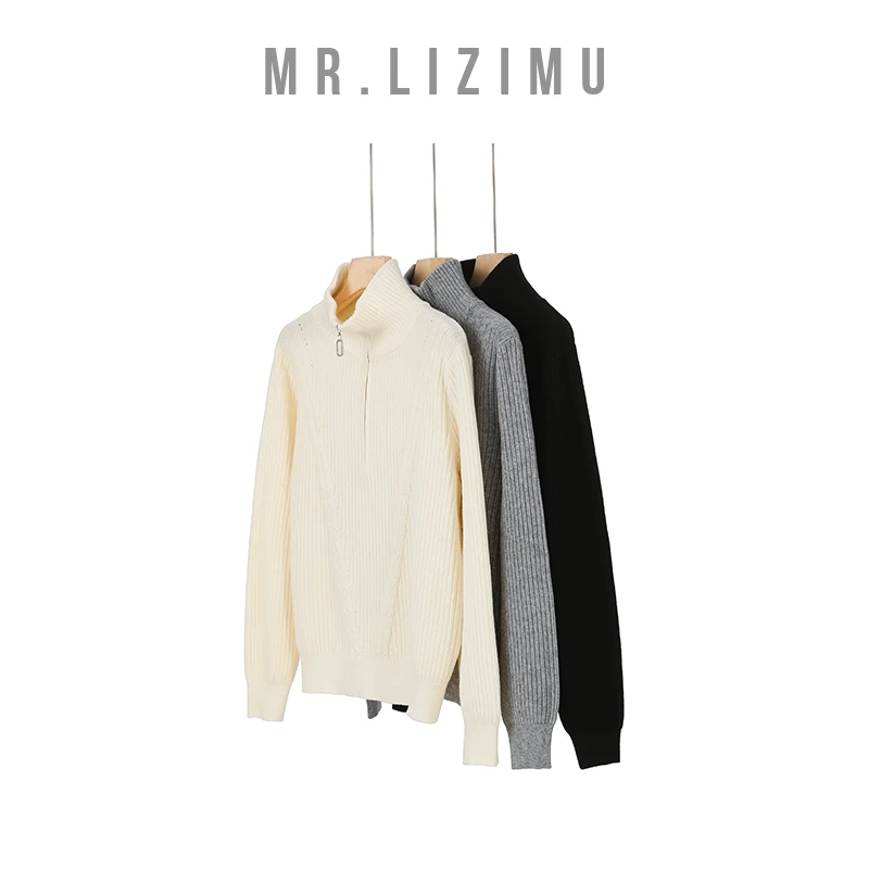李子木先生高领设计半开领拉链毛衣2024秋冬新款套头灰色毛衣8693