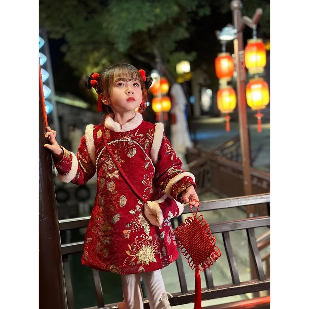 .拜年服女童汉服冬款加绒加厚中国风过年服唐装儿童旗袍女