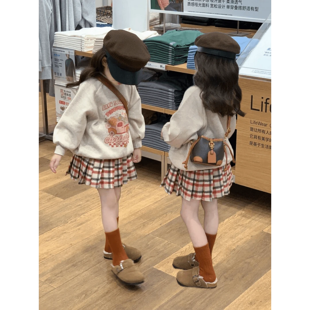 童装潮款YY韩国儿童套装春秋印花加绒卫衣女童洋气时髦格子百褶裙