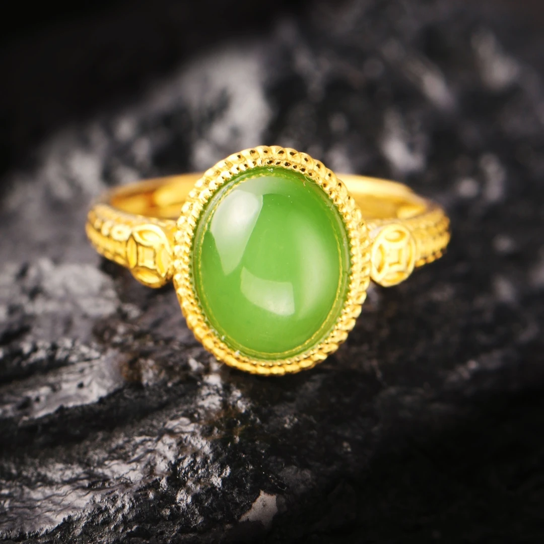3.49克999足金镶嵌天然玉石活口可调节女士戒指贵气时尚送礼佳品