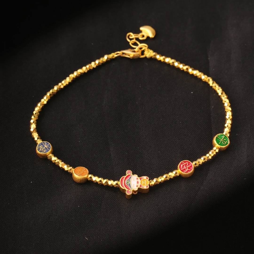 999足金低温珐琅彩小财神爷平安喜乐手链手串DIY蹦迪珠手链7.36克