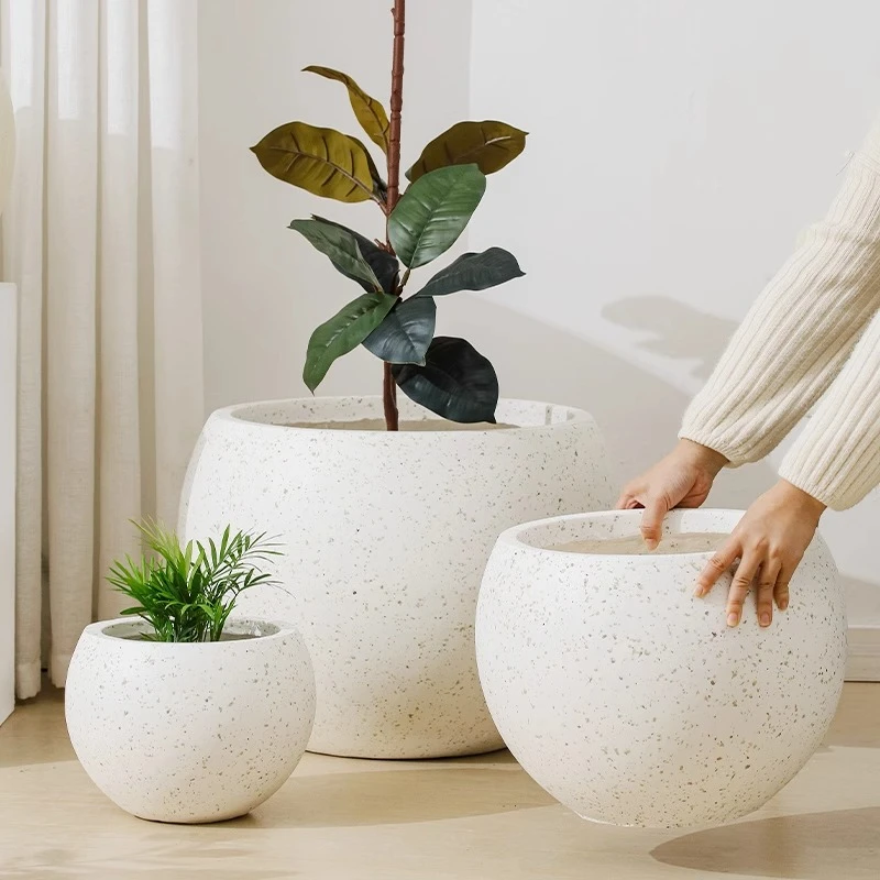 高端手工镁泥花盆白色圆形防水大型植物北欧简约耐用大号客厅花盆