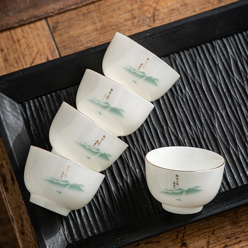 羊脂玉品茗杯主人杯客杯喝茶杯陶瓷功夫茶具潮汕杯泡茶杯手工描金