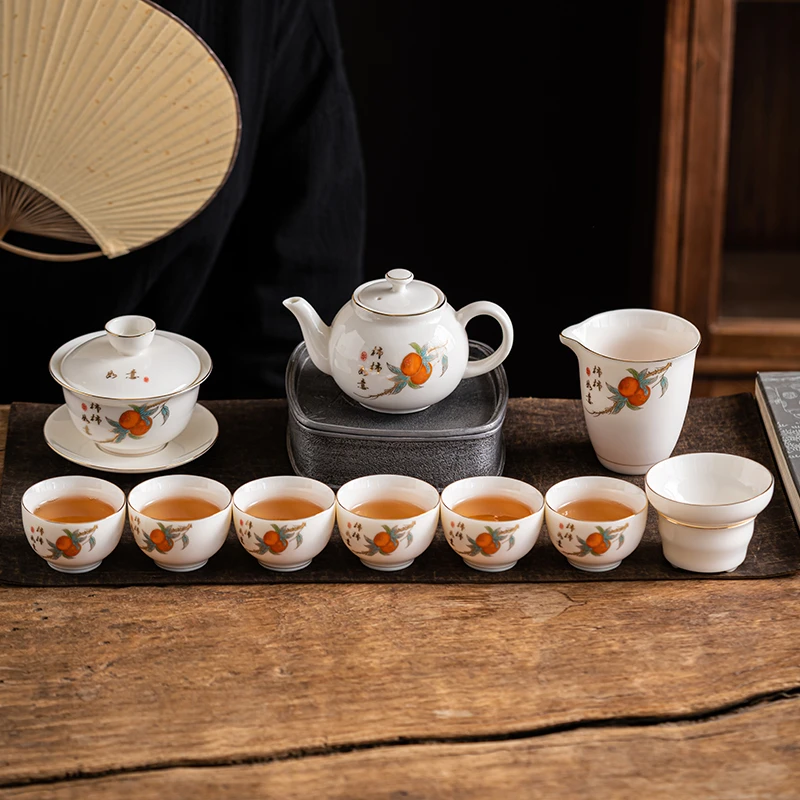 羊脂玉瓷事事如意柿子描金功夫茶具整套装白瓷盖碗泡茶碗简约072