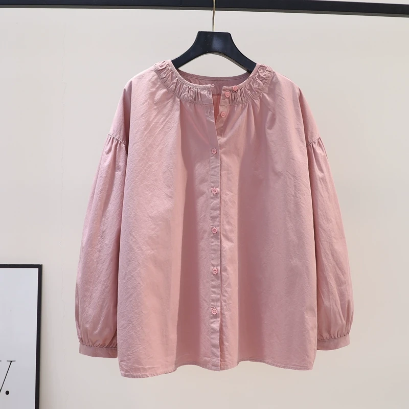 褶皱设计圆领宽松棉衬衫女长袖文艺范休闲衬衣2023秋季百搭上衣潮