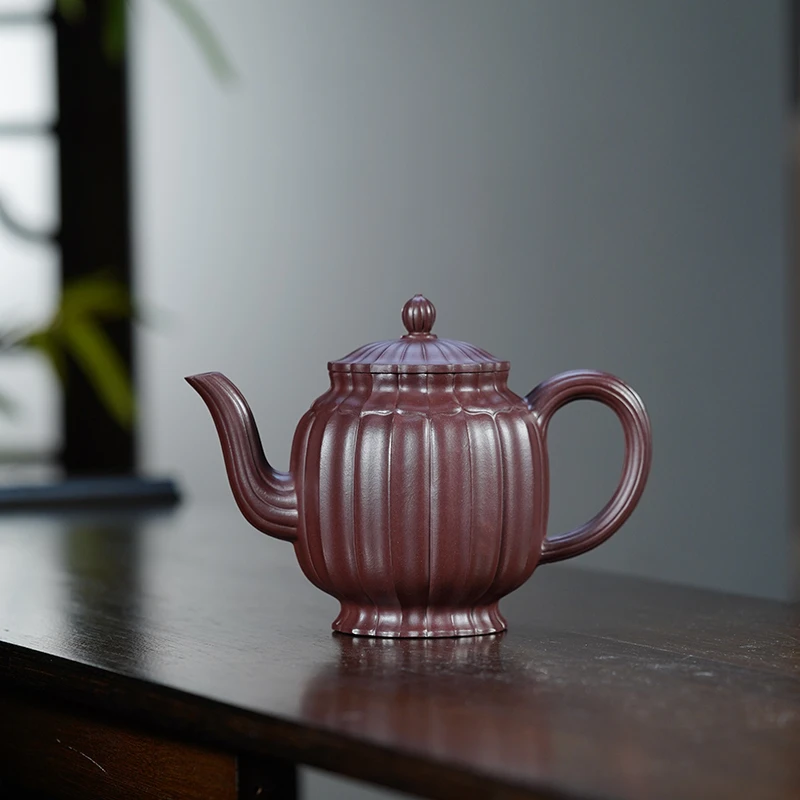 顾脉李氏老紫泥筋纹菊蕾宫灯300cc宜兴黄龙山原矿全手工紫砂壶