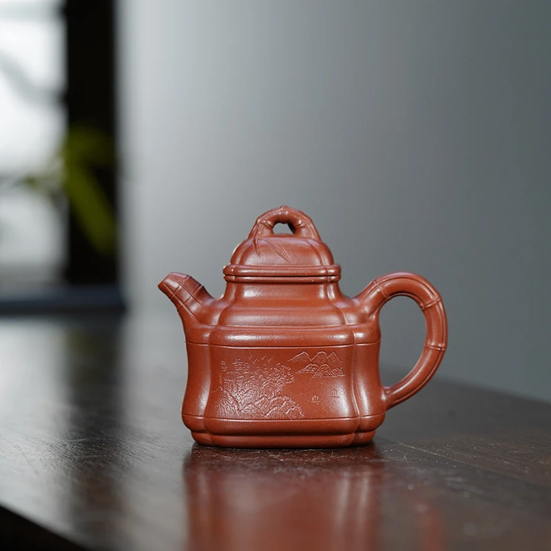 顾脉李氏朱泥四方竹鼎180cc宜兴黄龙山原矿全手工紫砂壶