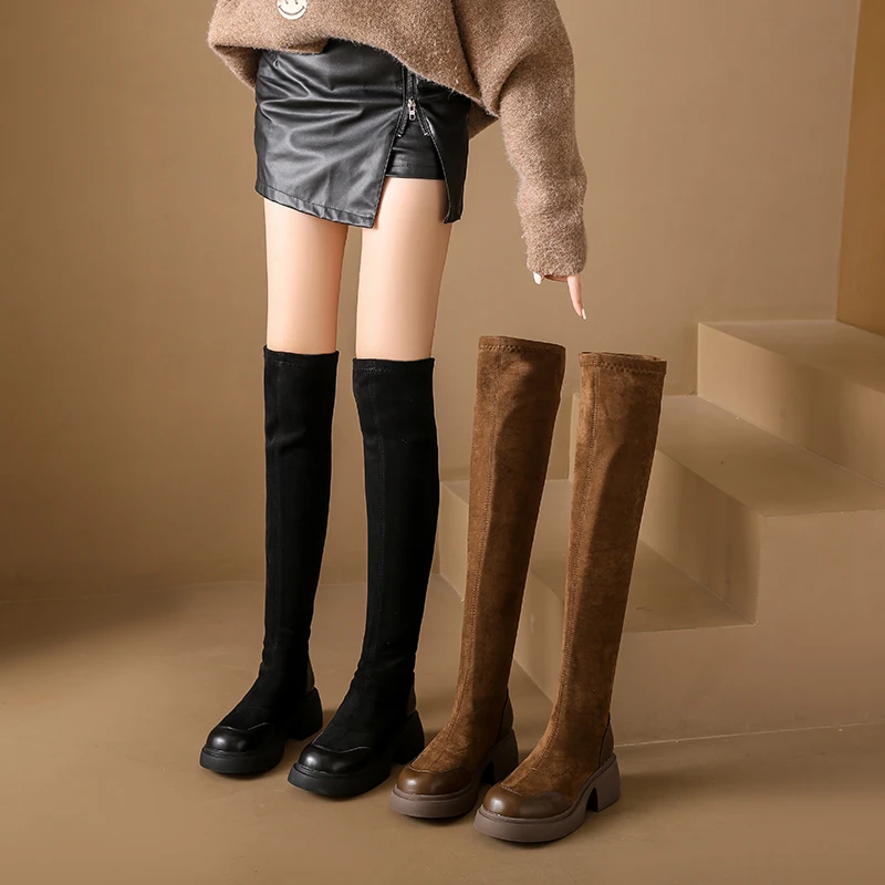 2024新款弹力骑士靴子女长筒过膝靴厚底圆头长靴百搭绒面过膝靴