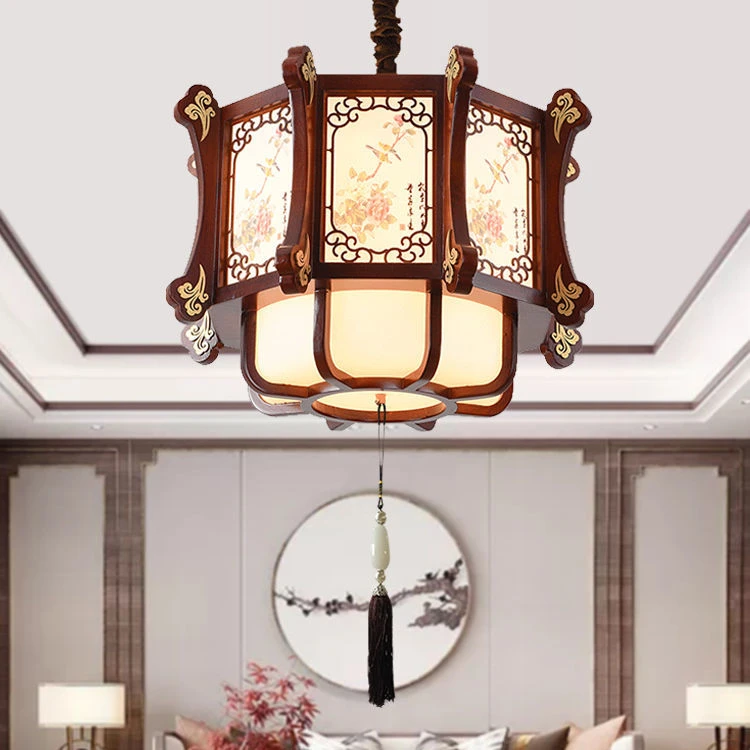 中式吊灯实木羊皮酒店茶楼包厢吊灯过道玄关阳台灯中国风