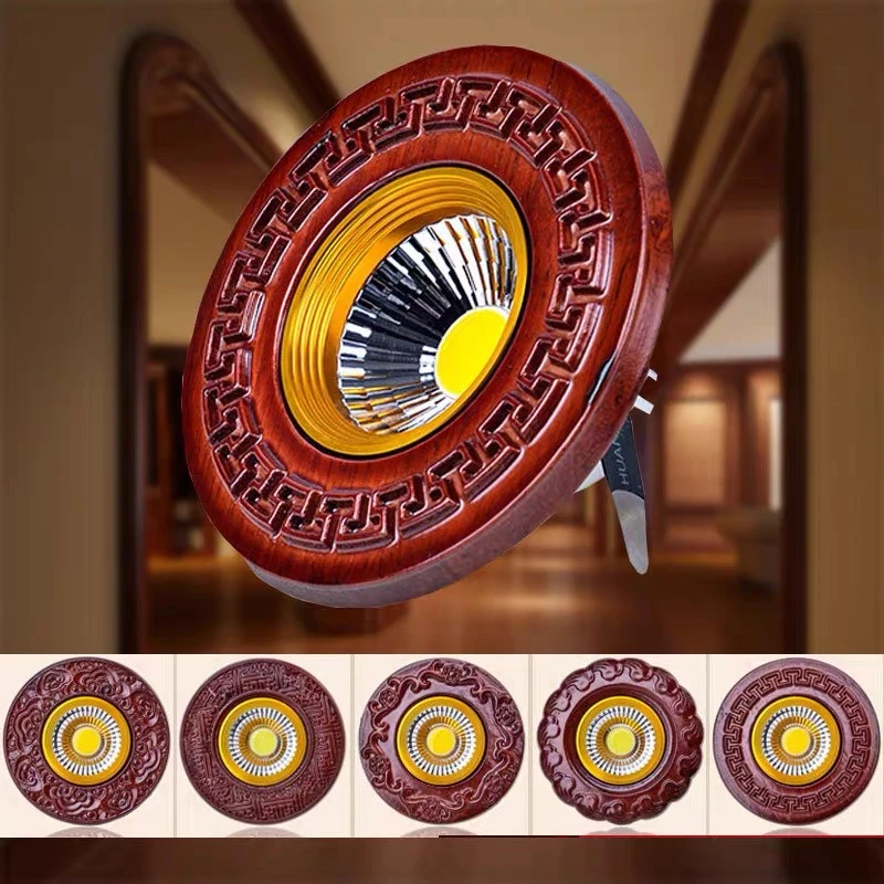 中式实木筒灯家用三色天花板浮雕筒灯