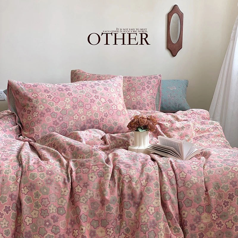 三百夜全棉色织双层纱四件套 大提花四经四纬夏被小清新碎花印花