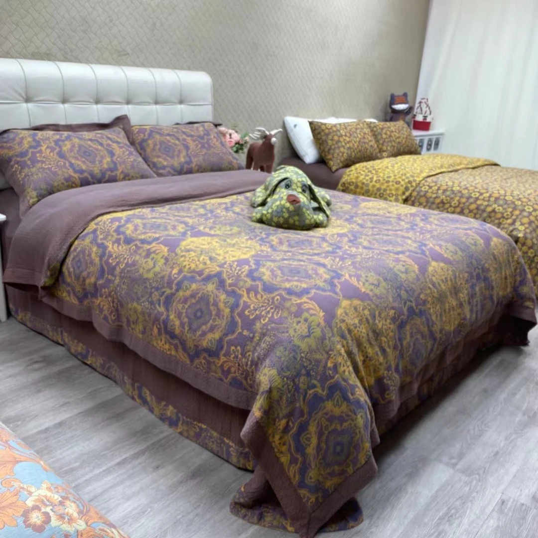 三百夜2022新款全棉双层纱60支宽边拼角四件套床品轻奢床上用品