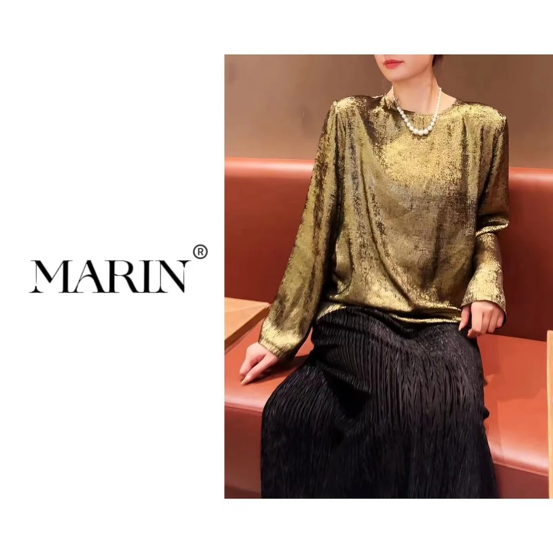 【鎏金瀑布】欧韩秋冬高级百搭气质复古轻奢设计师烫金银长袖上衣