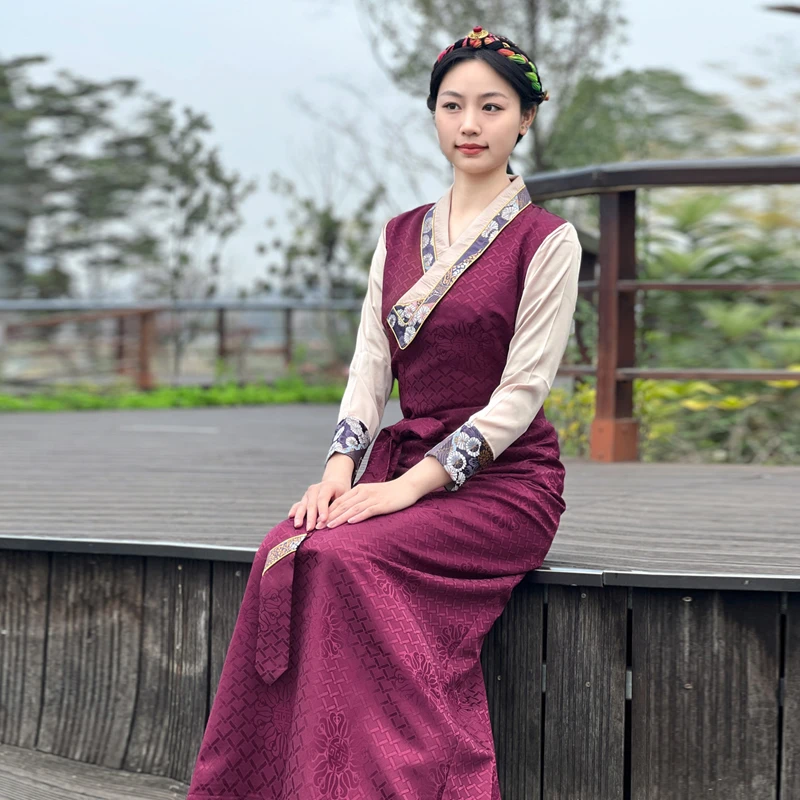 新款藏族服装女康巴藏袍拼色西藏服民族风锅庄裙花边藏式博拉藏服