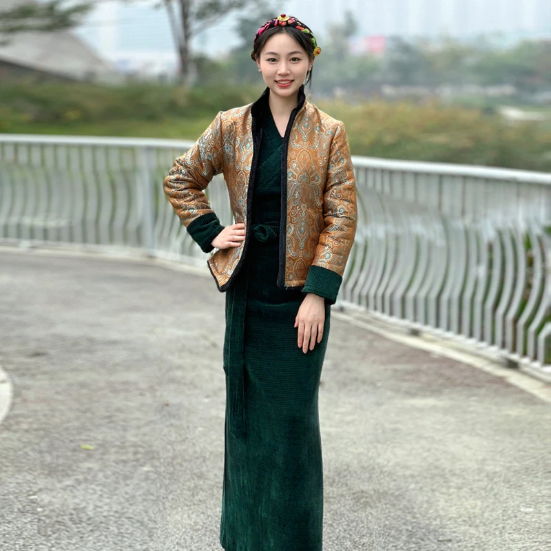 冬季新款加绒西藏服女士藏服锅庄裙保暖藏式外套拉萨服民族风