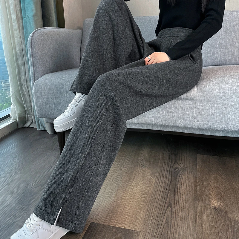 加绒加厚香蕉阔腿裤人字纹毛呢开叉女秋冬季九分大码直筒宽松长裤