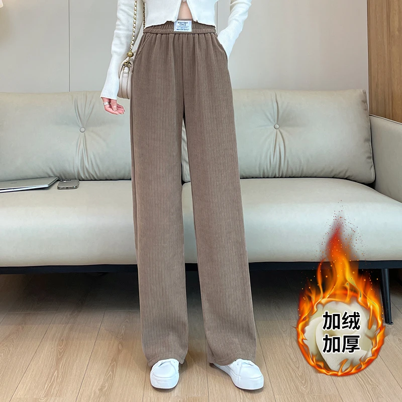 雪尼尔阔腿裤女加绒裤子女冬季秋冬特厚羊羔绒东北高腰休闲直筒裤
