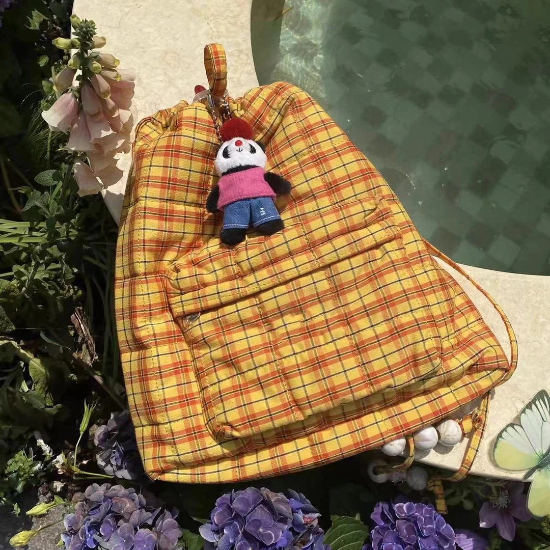 X052024新潮复古双肩包包大容量可爱女生抽绳橘色背包