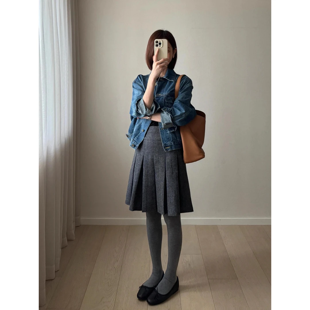 复古港味毛呢百褶半身裙女秋冬百搭小个子显瘦压褶高腰a字中裙子