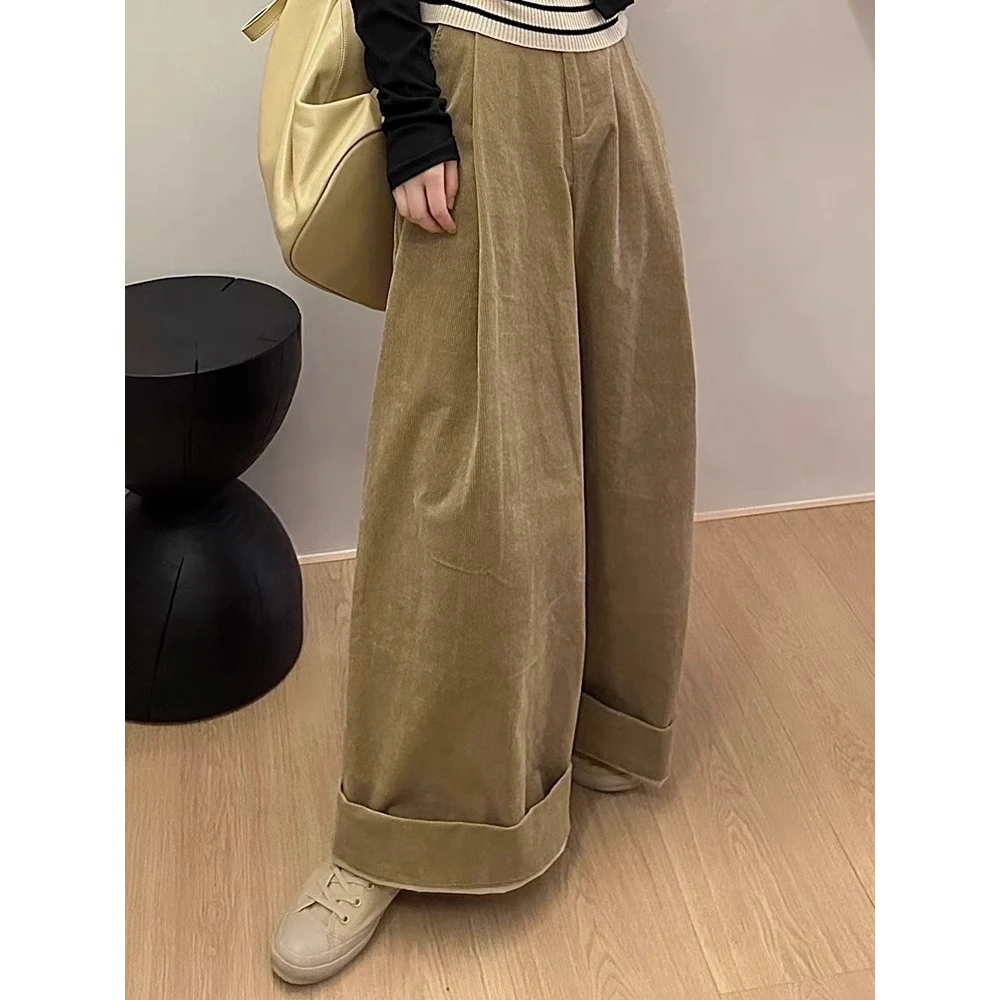 卡其色灯芯绒休闲阔腿裤秋新款日系高腰宽松显瘦卷边直筒长裤女