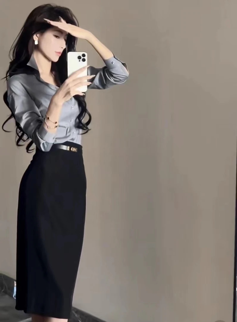 【薄荷雪糕】气质时尚轻职风干练穿搭灰色衬衫上衣秋修身包臀半身裙