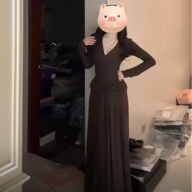 【薄荷雪糕】秋冬季新款气质V领长袖上衣半身裙纽带设计感绑带套装