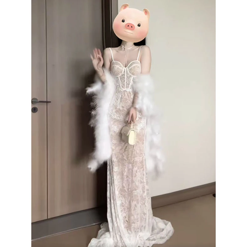 【薄荷雪糕】新款法式气质性感抹胸轻奢优雅重工显瘦披肩吊带连衣裙