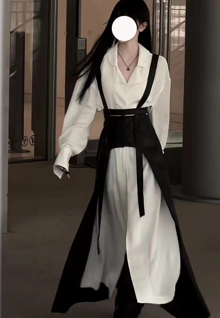 【薄荷雪糕】又酷又飒白色衬衫连衣裙女新中式开叉收腰背带裙两件套