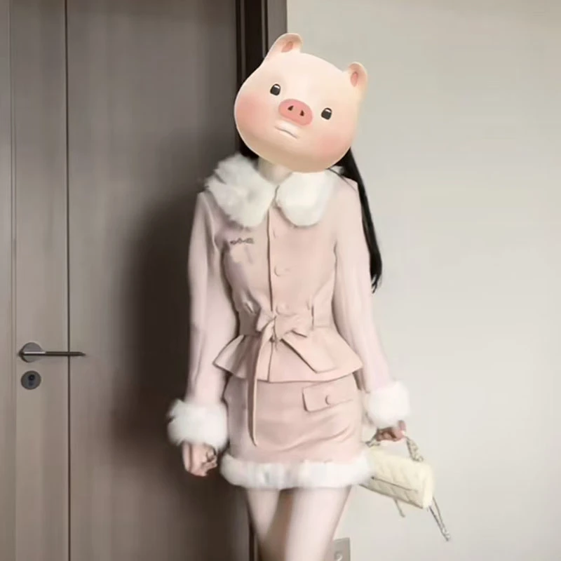 【薄荷雪糕】新款千金感毛领长袖小香风时尚上衣外套短款修身半身裙