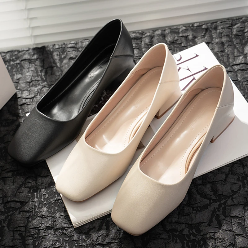 粗跟单鞋女秋2024新款方头中跟职业高跟鞋软底百搭鞋子面试工作鞋