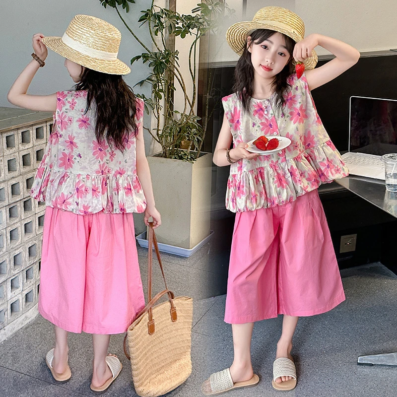 女童夏装套装2024新款大童女装6碎花9洋气12-15女孩韩版两件套潮