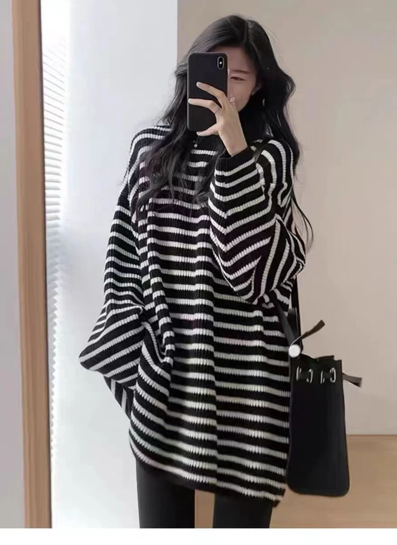 秋冬纯羊毛衫女中长款黑白条纹毛衣大码宽松慵懒风打底衫韩版时尚