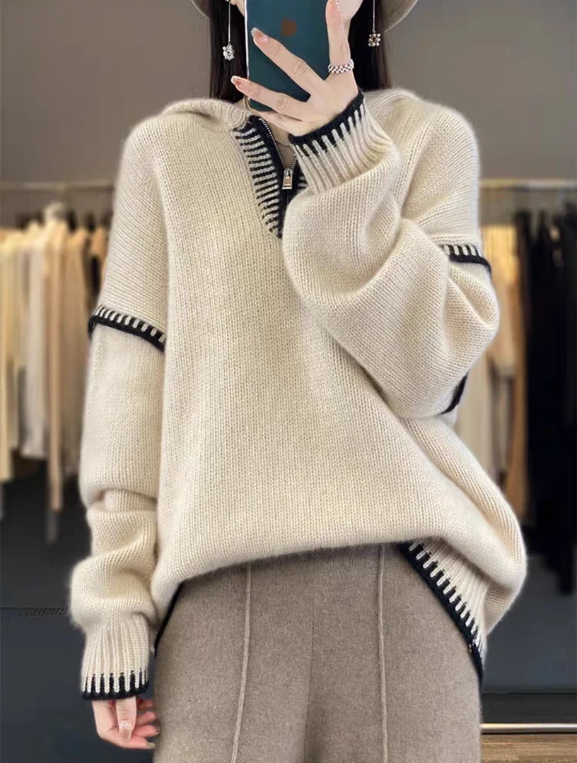 秋冬新款连帽针织衫女加厚宽松羊毛针织衫高领羊毛衫女100%纯羊毛
